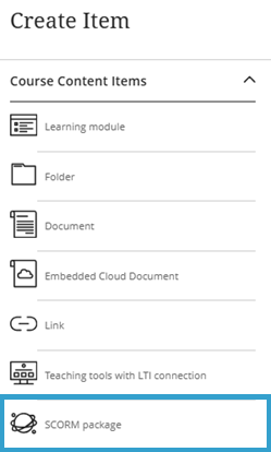 Blackboard menu with SCORM package highlighted