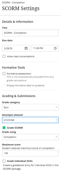 Blackboard SCORM Settings menu with options listed