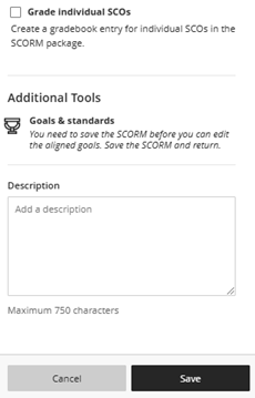 Blackboard SCORM Settings menu Grade Individual SCOs unchecked